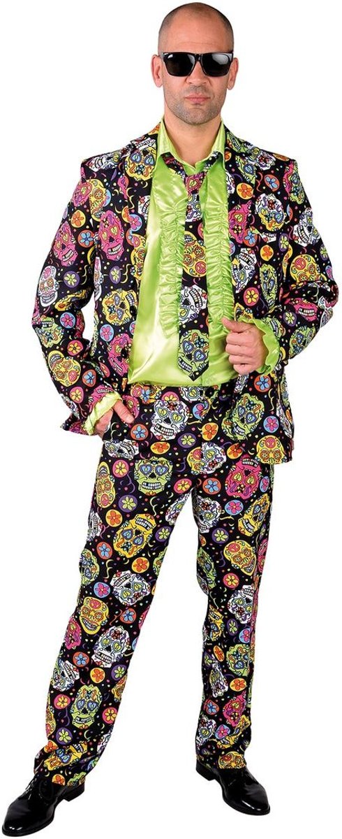 Spaans & Mexicaans Kostuum | Veelkleurige Doodshoofden Dia De Los Muertos Zwart | Man | Large | Halloween | Verkleedkleding